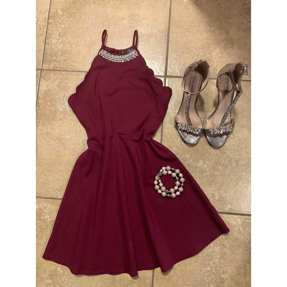 Scalloped Burgundy Fit & Flare Dress